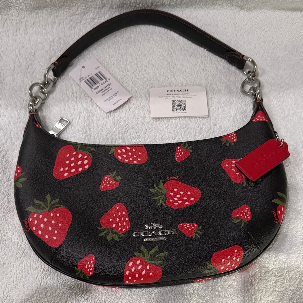 Coach Black Leather Shoulder Bag with Red Strawberry Print